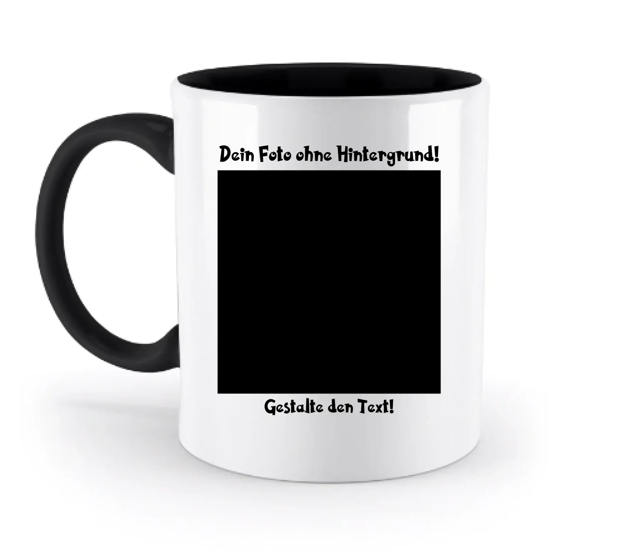 Weiße keramiktasse mit schwarzem griff und innenraum mit rahmen und deutschem text zum foto anpassen aus der statement collection