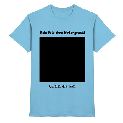Hellblaues baumwollshirt mit schwarzem rechteckigem grafikprint und deutschem text aus der statement collection