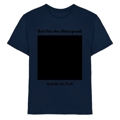 Navyblaue baumwoll t shirt mit schwarzem text und zentralem quadratischem grafik für statement collection