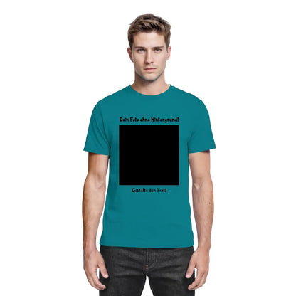 Petrolfarben Baumwolle t shirt mit schwarzem rechteckigem grafikdruck und deutschem text aus der statement collection