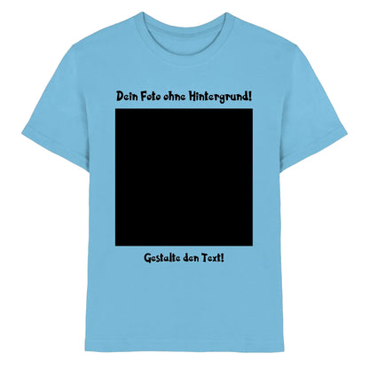 Lightblue kurzarmshirt mit schwarzem rechteck und deutscher text für statement collection magic cut