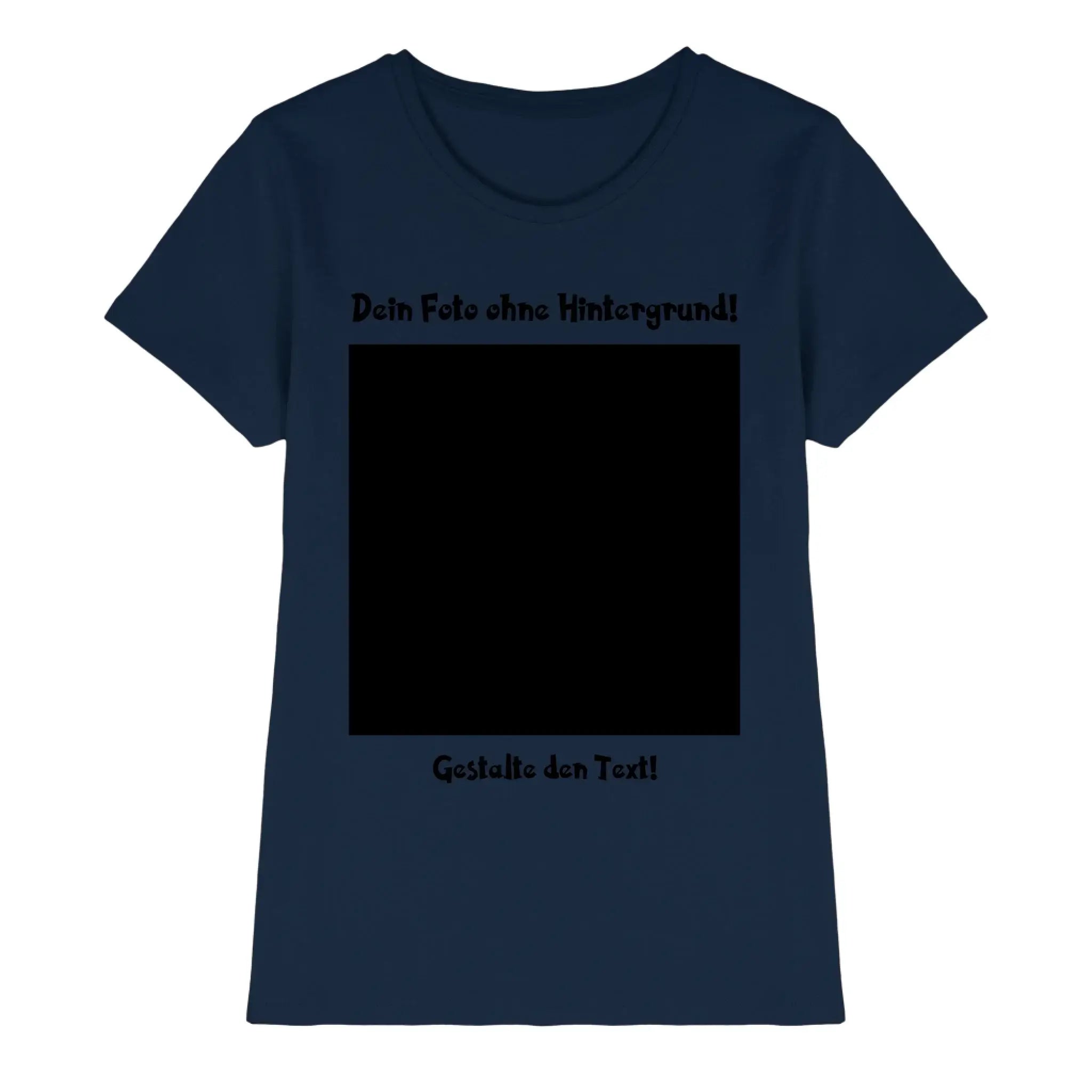 Navyblaues damen t shirt mit schwarzem text und großem schwarzem quadrat grafik vorne aus der statement collection