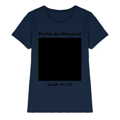 Navyblaues damen t shirt mit schwarzem text und großem schwarzem quadrat grafik vorne aus der statement collection