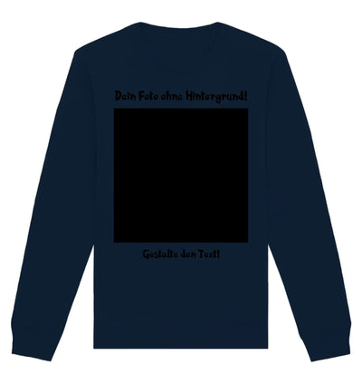 Navyblaues langarmshirt mit schwarzem text und leerem quadrat auf der rückseite aus der statement-collection