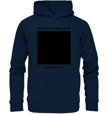 Marine blaue hooded sweatshirt mit schwarzem quadrat grafik und dunklem text auf der rückseite aus der statement collection