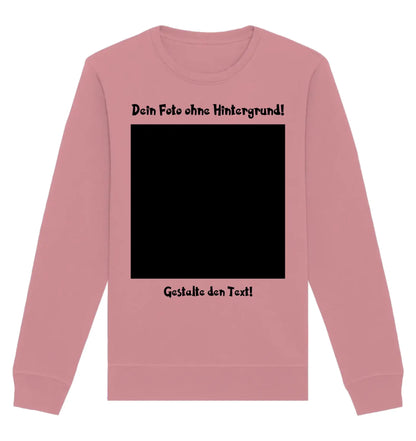 Ein softes rosa sweatshirt mit langen ärmeln und schwarzem rechteckigem print mit deutschem text