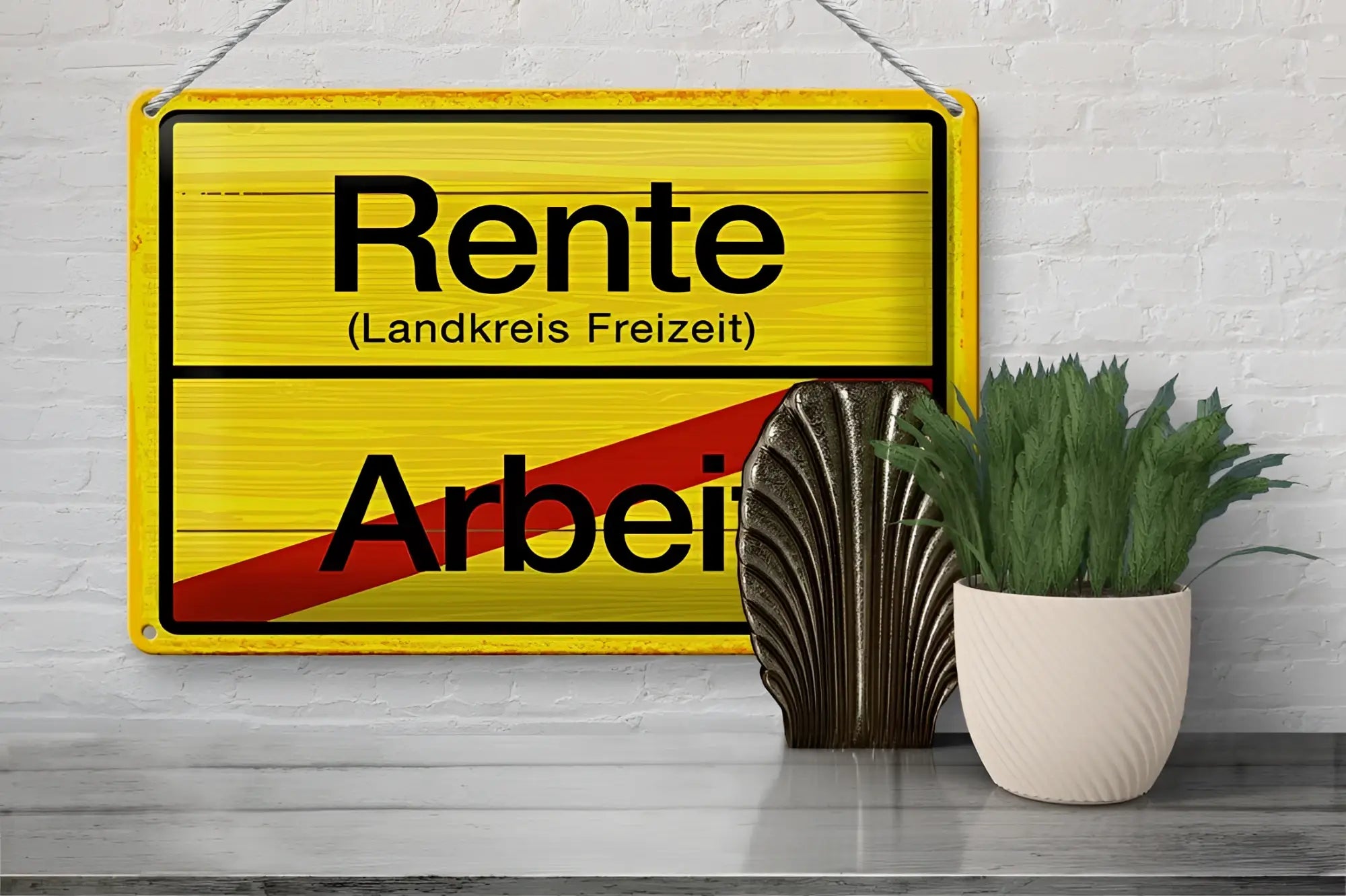 Gelbes metallschild mit schwarzem text rente landkreis freizeit und arbeit mit rotem diagonalen streifen 20x30cm