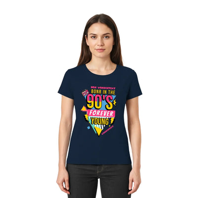 Navyblaues damen t-shirt mit 90er jahre grafik in gelb pink und türkis aus der retro statement collection