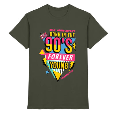 Dark olivegrünes baumwollshirt mit lebendigem 90er jahre grafikdesign in gelb pink und blau aus der statement-collection