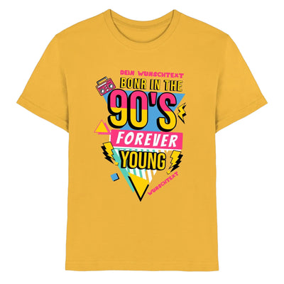Ein leuchtend gelbes kurzarmshirt mit retro 90er grafik in neonpink und blau aus der statement-collection Retro MC mit Jahreszahl 1950 - 2010
