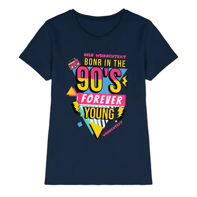Marine blaues kurzarmshirt mit 90er grafik in gelb pink und retro boombox von der statement collection