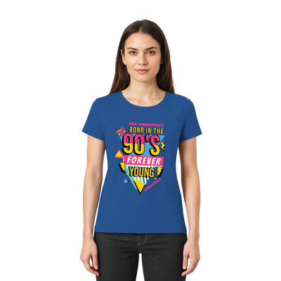 Blaues kurzarmshirt mit auffälligem 90er jahre grafikdesign in gelb, pink und türkis aus der retro statement-collection