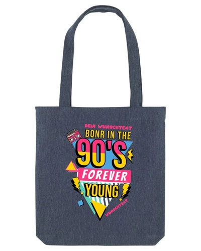 Dunkelblauer canvas-strapazierfähiger tote bag mit buntem 90er jahre retro-print aus der statement-collection