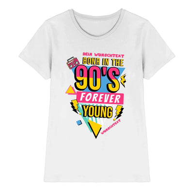 Weiße baumwoll-t-shirt mit 90er-jahre grafik in gelb und pink mit geometrischen formen und blitzmotiven aus der statement-collection retro mc mit jahreszahl 1950 - 2010