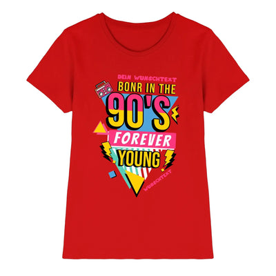 Ein leuchtend rotes damen-t-shirt aus der statement-collection mit buntem 90er jahre grafikdesign und wunschtext