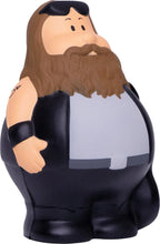 Rockstar bert anti-stress-quetsch-figur schwarzer und grauer cartoon stressball mit braunen haaren bart und tätowiertem arm