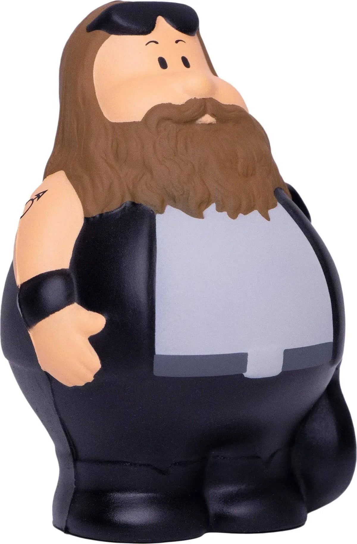 Rockstar bert anti-stress-quetsch-figur schwarzer und grauer cartoon stressball mit braunen haaren bart und tätowiertem arm
