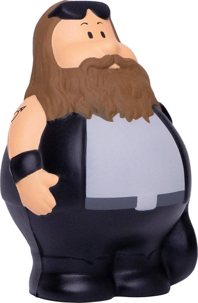 Rockstar bert anti-stress-quetsch-figur schwarzer und grauer cartoon stressball mit braunen haaren bart und tätowiertem arm