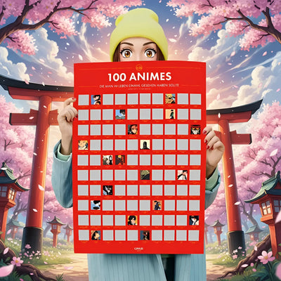 Rotes rubbelposter 100 anime mit charakter-thumbnails in raster für anime fans zum freirubbeln und entdecken