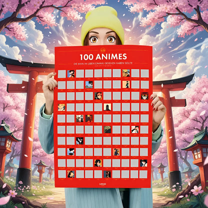 Rotes rubbelposter 100 anime mit charakter-thumbnails in raster für anime fans zum freirubbeln und entdecken