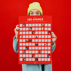 Rotes rubbelposter 100 anime mit raster aus charakter-thumbnails zum freirubbeln und entdecken
