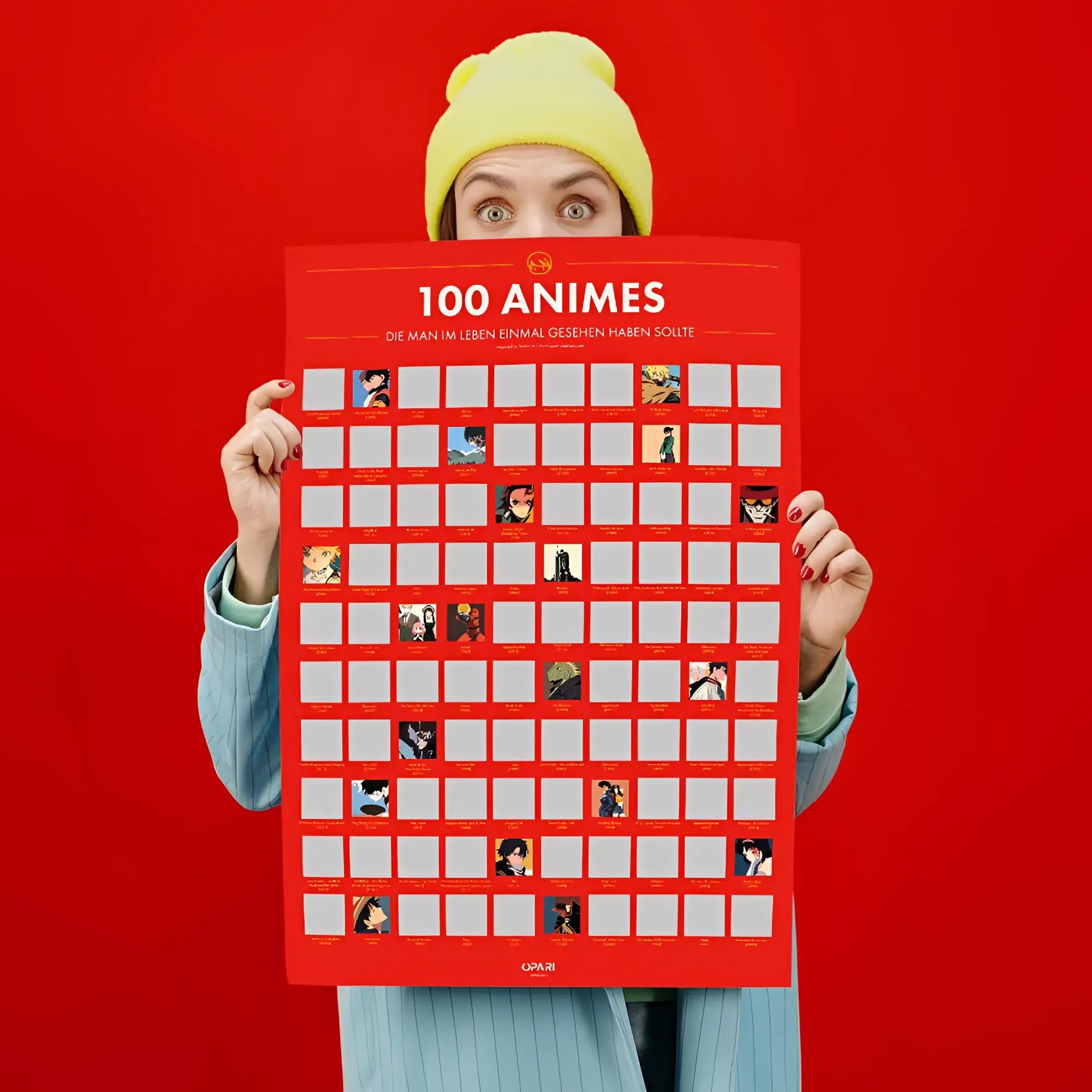 Rotes rubbelposter 100 anime mit raster aus charakter-thumbnails zum freirubbeln und entdecken