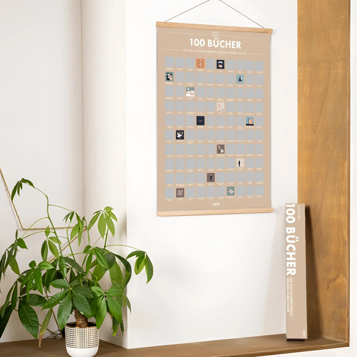 Beige rubbelposter 100 bücher mit holzrahmen und aufhängevorrichtung für eine lesechallenge