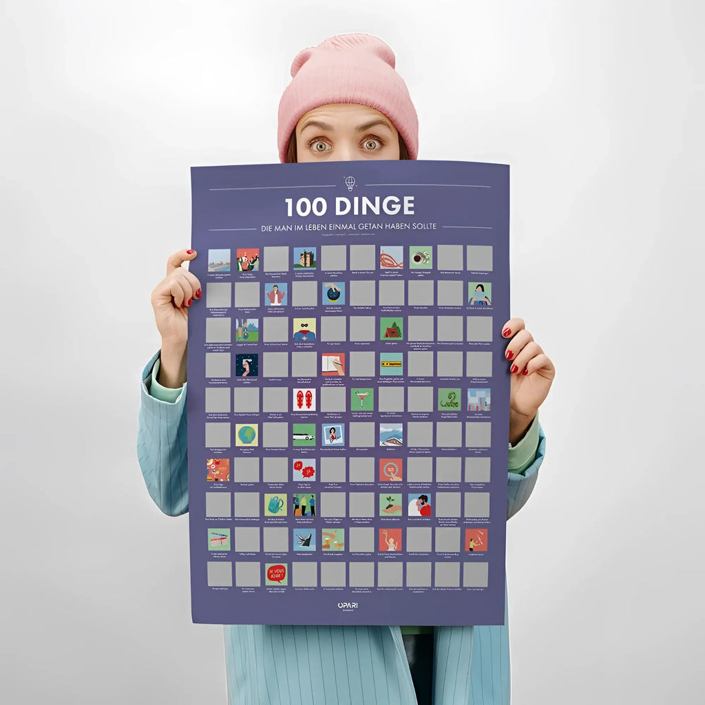 Lila rubbelposter 100 dinge mit bunten illustrationen auf einem raster zum freirubbeln im leben einmal gemacht haben