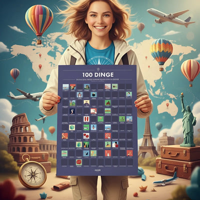 Ein navyblaues rubbelposter 100 dinge die man im leben einmal getan haben sollte mit bunten icons und weltweiten sehenswürdigkeiten designed von ganme