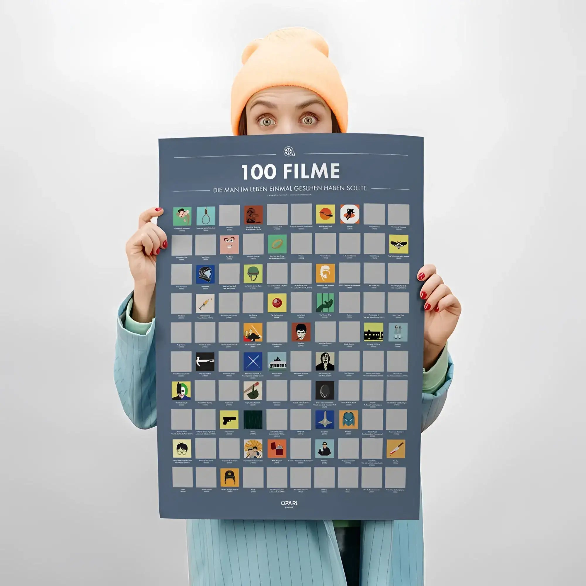 A dunkelblaues rubbelposter mit 100 filmikonen in rasteranordnung zum freirubbeln und filme entdecken