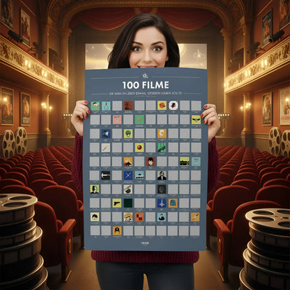 Ein blaues rechteckiges rubbelposter mit 100 filme icons und dem titel 100 filme die man im leben einmal gesehen haben sollte