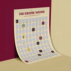 Cremefarbener rubbelposter mit 100 weinetiketten und titel 100 große weine die man im leben probieren sollte