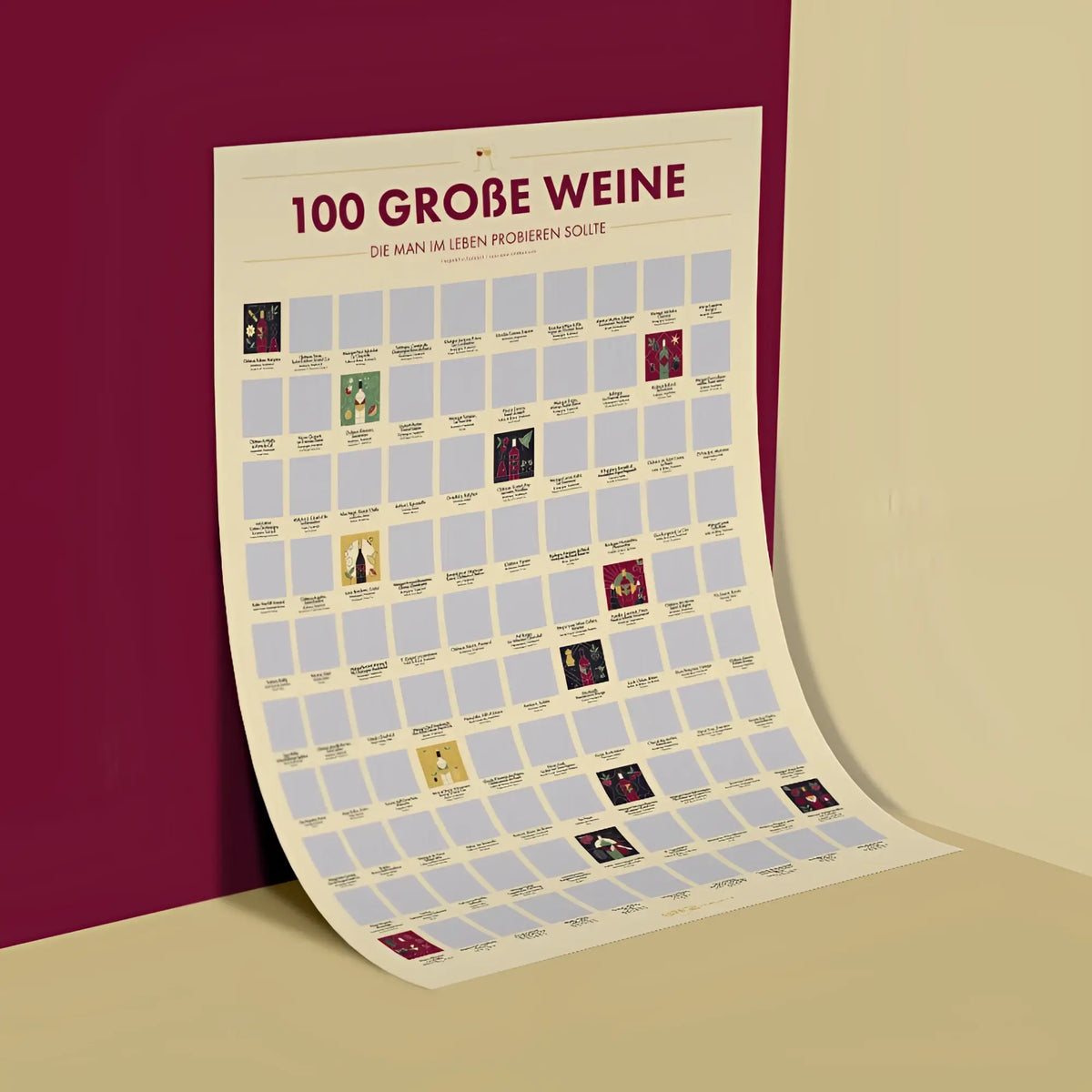 Cremefarbener rubbelposter mit 100 weinetiketten und titel 100 große weine die man im leben probieren sollte