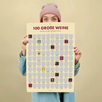 Ein cremefarbener rechteckiger rubbelposter mit 100 weinsymbolen und dem titel 100 große weine in rot