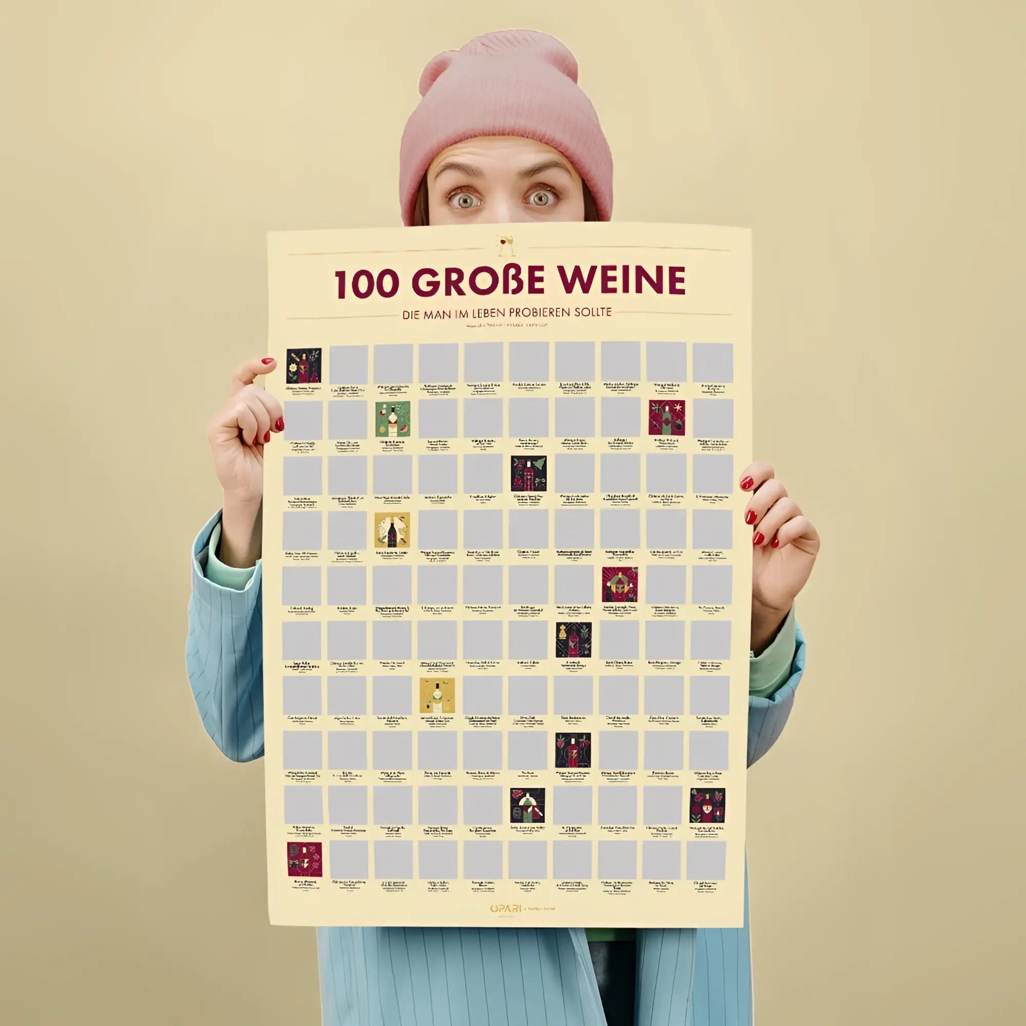 Ein cremefarbener rechteckiger rubbelposter mit 100 weinsymbolen und dem titel 100 große weine in rot