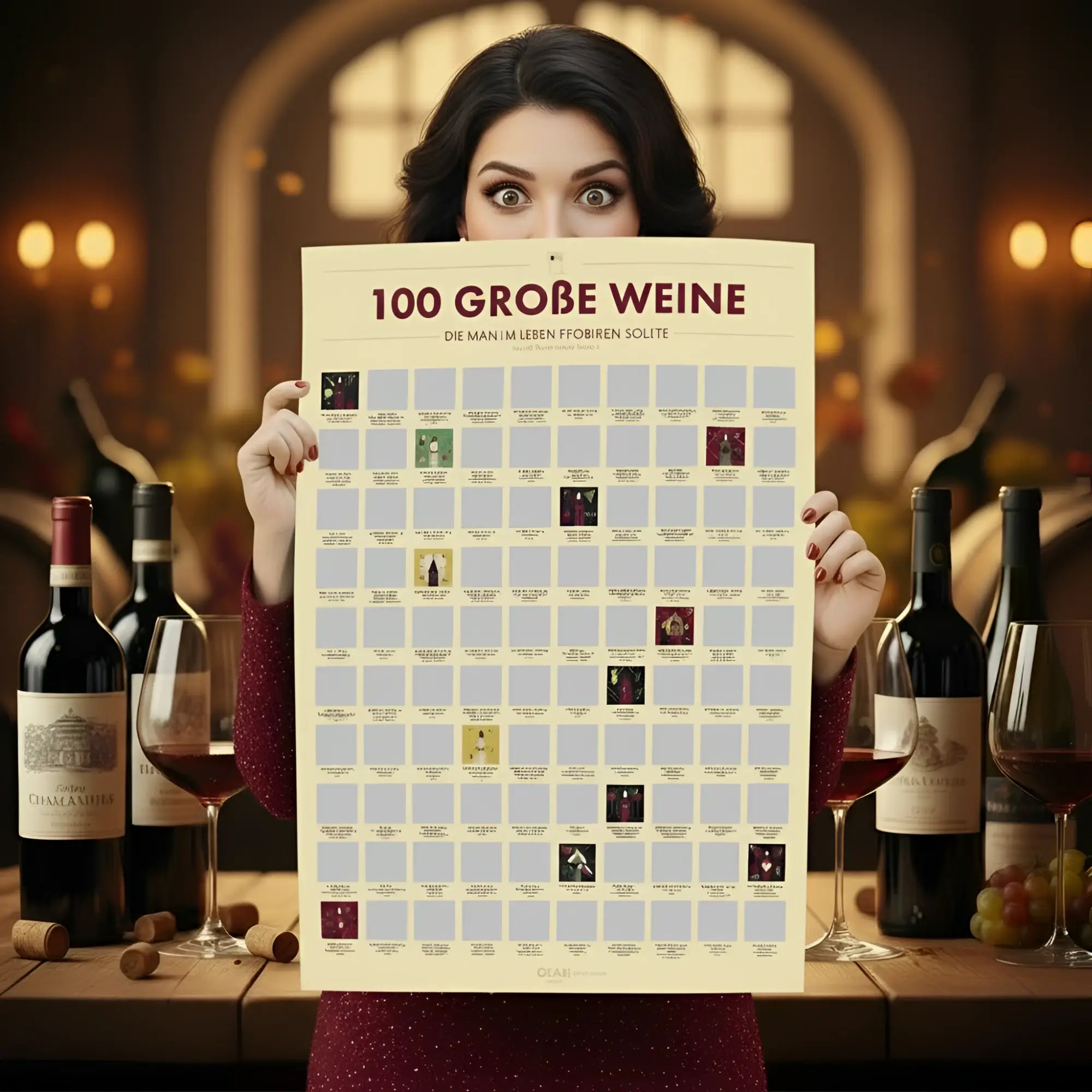 Ein cremefarbener kratzposter mit 100 großen weinen und mini-flaschenbildern für weinliebhaber