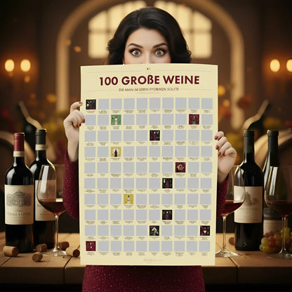 Ein cremefarbener kratzposter mit 100 großen weinen und mini-flaschenbildern für weinliebhaber