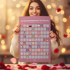 Ein pinkfarbener rubbelposter adventskalender mit 100 illustierten herausforderungen für paare zum gemeinsamen durchführen