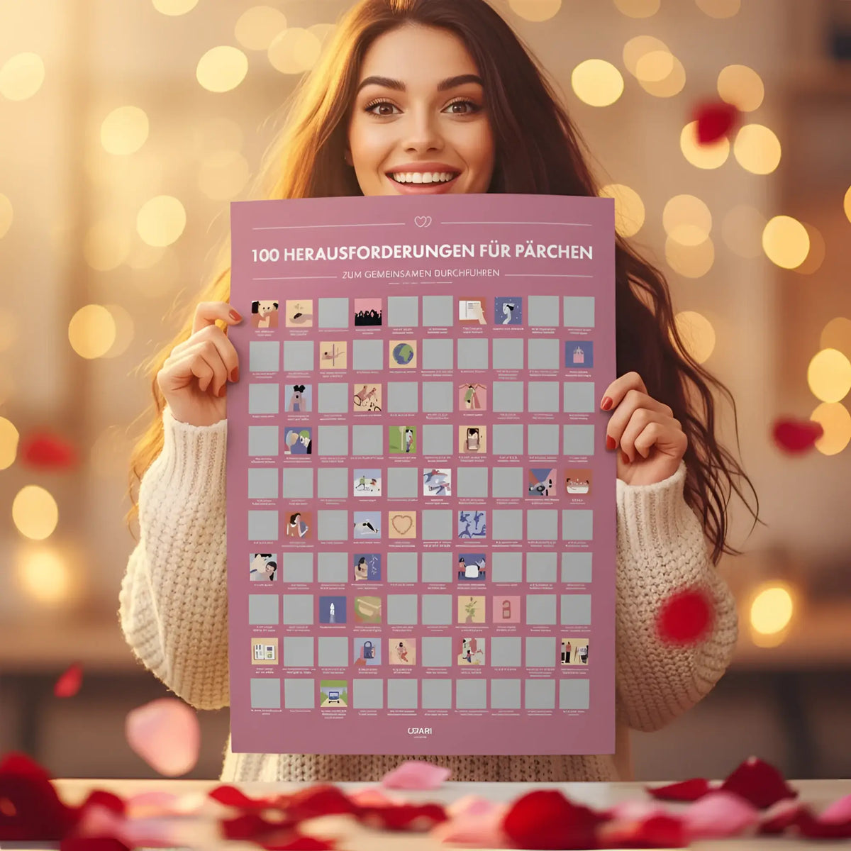 Ein pinkfarbener rubbelposter adventskalender mit 100 illustierten herausforderungen für paare zum gemeinsamen durchführen