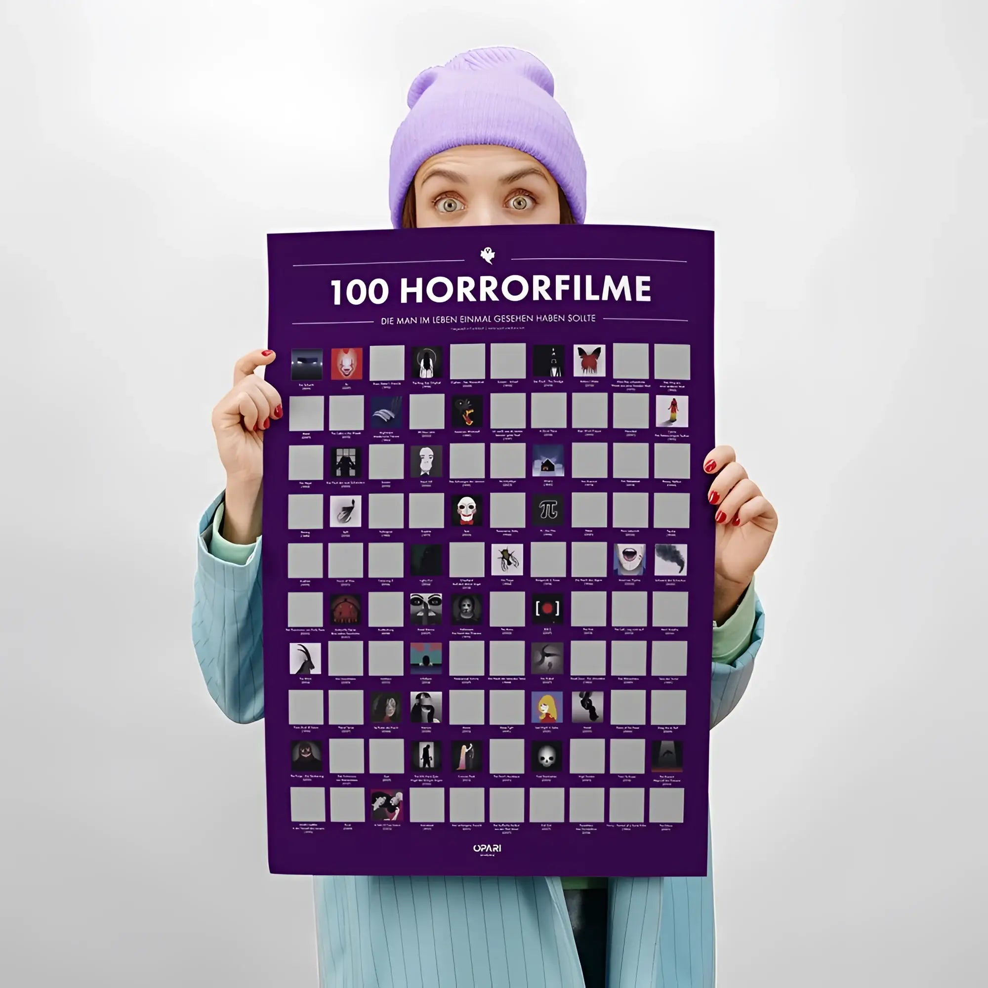 Lila rubbelposter mit 100 horrorfilmen und ikonischen film motiven zum freirubbeln deutsche version