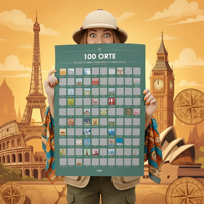 Tealfarbener rubbelposter mit 100 orte zum freirubbeln von utaari zum entdecken besonderer reiseziele