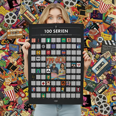 Black rubbelposter 100 serien mit bunten tv show icons und fefe olai bandbild in der mitte