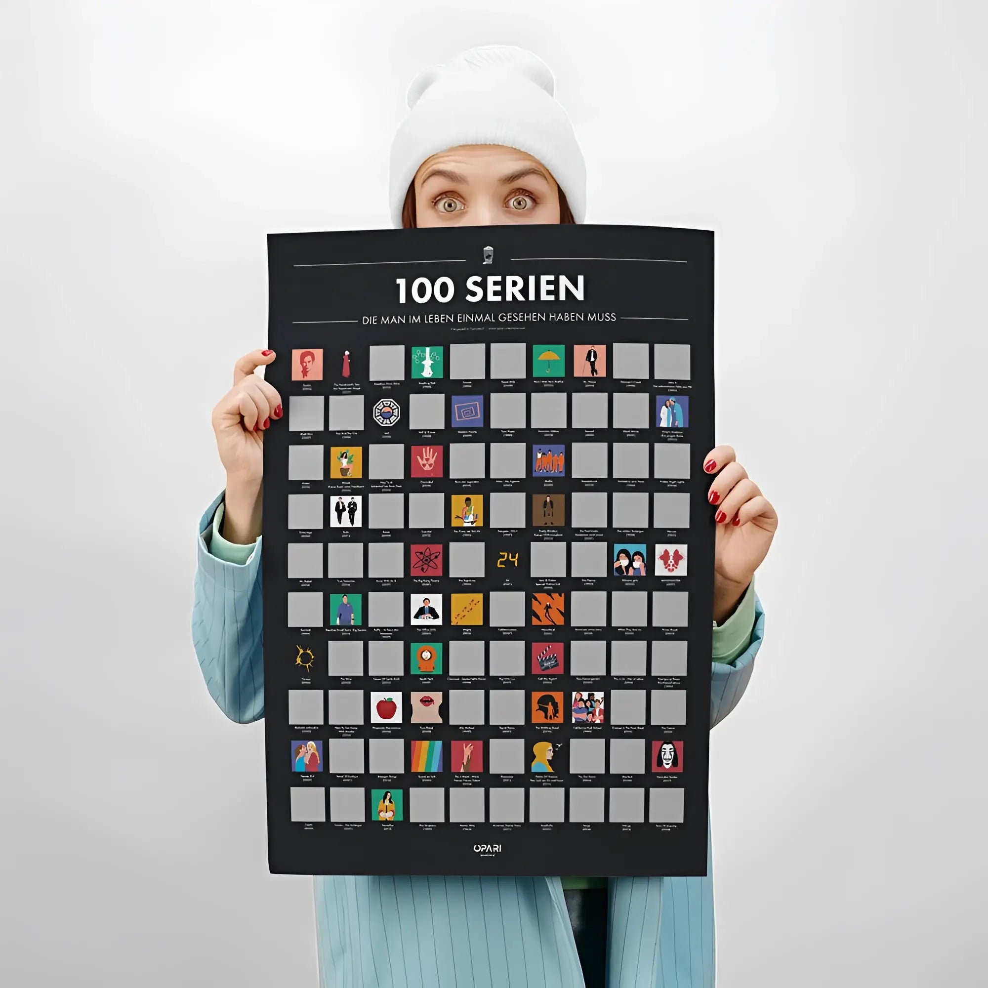 Schwarzer rubbelposter mit 100 minimalistischen tv serien icons auf matter oberfläche in deutscher version