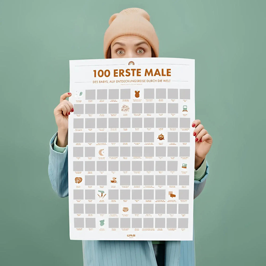 Weißer rubbelposter mit illustrationen von babymeilensteinen in erdfarben und orange text für die ersten male