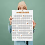 Weißer rubbelposter mit illustrationen von babymeilensteinen in erdfarben und orange text für die ersten male