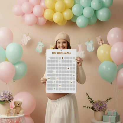 Eine weiße rubbelposter milestone tracker mit 100 erste male icons gehalten von schwangeren frau vor pastellballons