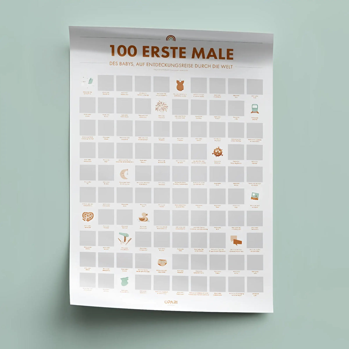 Weißer rubbelposter 100 erste male deines kindes mit braunen symbolen und text von qpari zur erinnerung