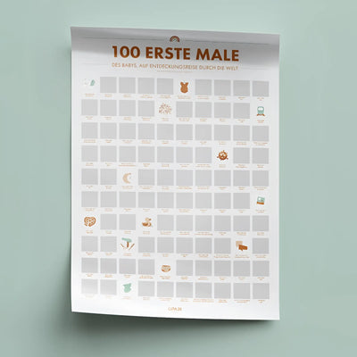 Weißer rubbelposter 100 erste male deines kindes mit braunen symbolen und text von qpari zur erinnerung