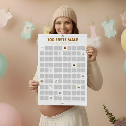Weißer rubbelposter die 100 ersten male deines kindes mit goldenen buchstaben und kleinen symbolen auf raster