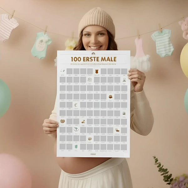 Weißer rubbelposter die 100 ersten male deines kindes mit goldenen buchstaben und kleinen symbolen auf raster